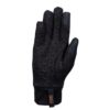Black insulated glove showing a raised cross-pattern grip across the palm, reinforced touchscreen material on the thumb and index fingertip, and a black cuff with an orange XDRY fabric tag.