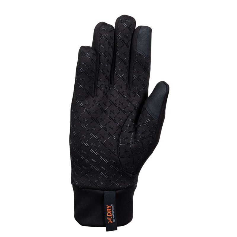 22SWPG-Waterproof-Sticky-Power-Liner-Palm-300dpi-1-1.jpg Black insulated glove showing a raised cross-pattern grip across the palm, reinforced touchscreen material on the thumb and index fingertip, and a black cuff with an orange XDRY fabric tag.