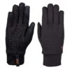 Pair of black winter gloves on a white background — left glove shown palm-side with a patterned rubberised grip and reinforced touchscreen patches on thumb and index, right glove shown back-side with smooth fabric and a small orange logo near the cuff.