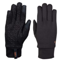 Pair of black winter gloves on a white background — left glove shown palm-side with a patterned rubberised grip and reinforced touchscreen patches on thumb and index, right glove shown back-side with smooth fabric and a small orange logo near the cuff.