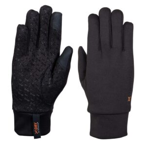 22SWPG-Waterproof-Sticky-Power-Liner-Palm-and-Back-300dpi-1-1.jpg Pair of black winter gloves on a white background — left glove shown palm-side with a patterned rubberised grip and reinforced touchscreen patches on thumb and index, right glove shown back-side with smooth fabric and a small orange logo near the cuff.