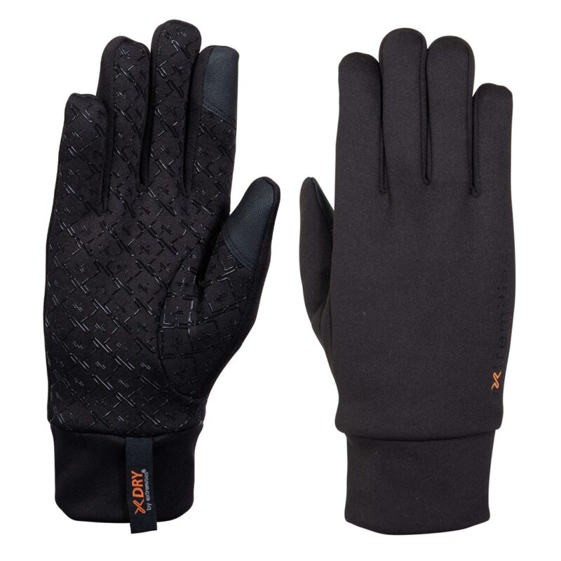 22SWPG-Waterproof-Sticky-Power-Liner-Palm-and-Back-300dpi-1-1.jpg Pair of black winter gloves on a white background — left glove shown palm-side with a patterned rubberised grip and reinforced touchscreen patches on thumb and index, right glove shown back-side with smooth fabric and a small orange logo near the cuff.