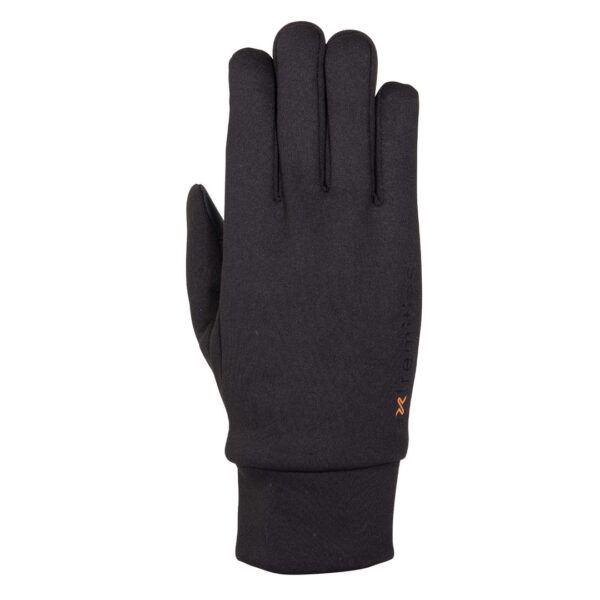 Single black insulated left-hand glove with a fitted cuff, smooth fabric and a small orange logo near the wrist on a white background.