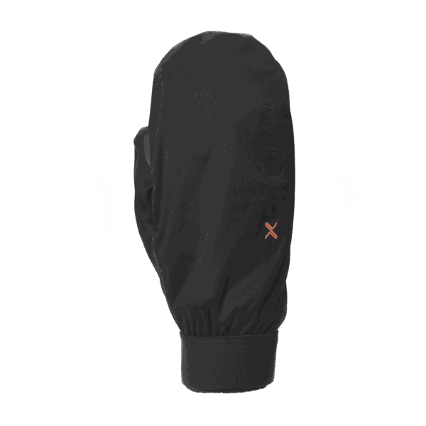 22TOM-Torrent-Mitt-Back-1500px-3.png Single black winter mitten with an elasticated wrist cuff, embossed vertical branding and a small orange 'x' logo on the back, photographed on a plain white background.