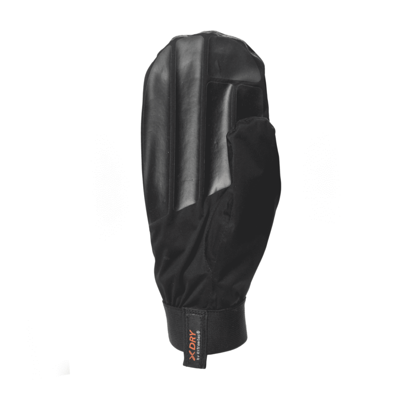 22TOM-Torrent-Mitt-Palm-1500px-3.png Black waterproof mitten shown upright on a white background, featuring three raised rubber protective strips on the back, a reinforced thumb and an elasticated wrist cuff with a small vertical tag labeled XDRY.