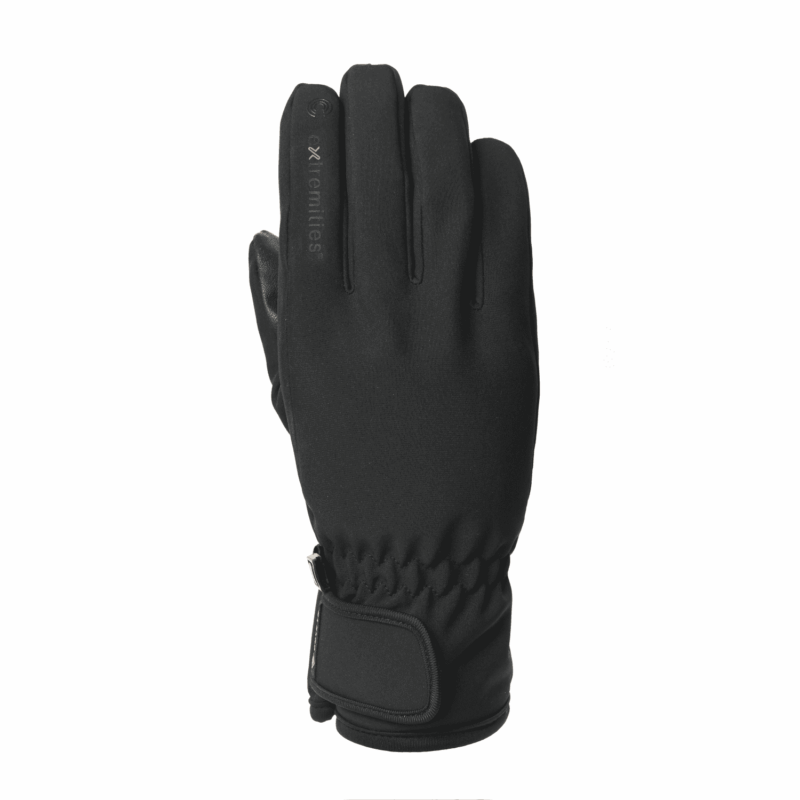 22TRDG-Tornado-Glove-Back-1500x1500px-3.png Black insulated winter glove laid flat with the back facing up, featuring stitched finger seams, subtle branding on the index finger, an elasticated wrist and a Velcro strap closure.