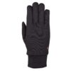 Flat-laid black fitted glove showing the back of the hand with slim fingers, a ribbed cuff and a small orange logo near the wrist on a white background.