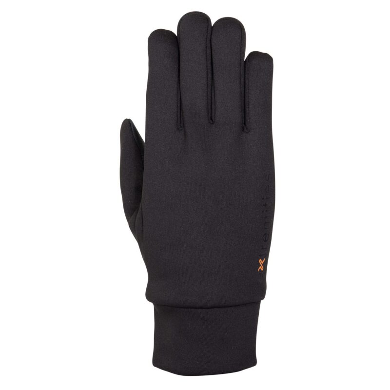 Flat-laid black fitted glove showing the back of the hand with slim fingers, a ribbed cuff and a small orange logo near the wrist on a white background.