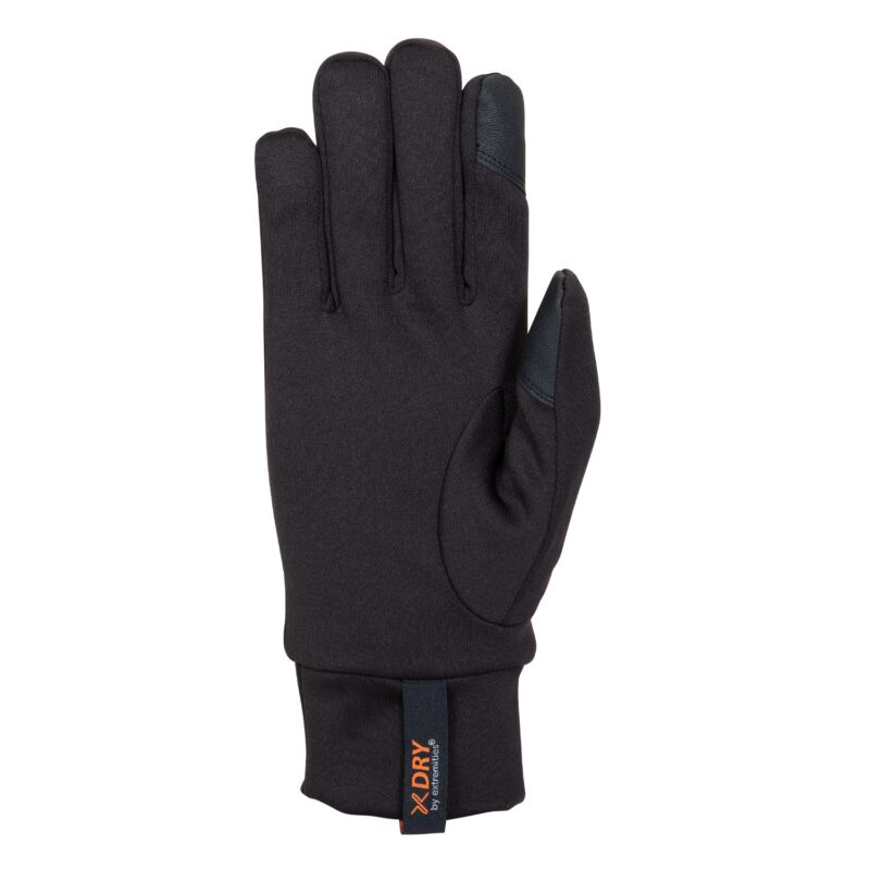 Black insulated glove with touchscreen-compatible dark grey reinforcement on the thumb and index fingertip and an orange-branded fabric pull tab at the cuff, displayed flat on a white background.