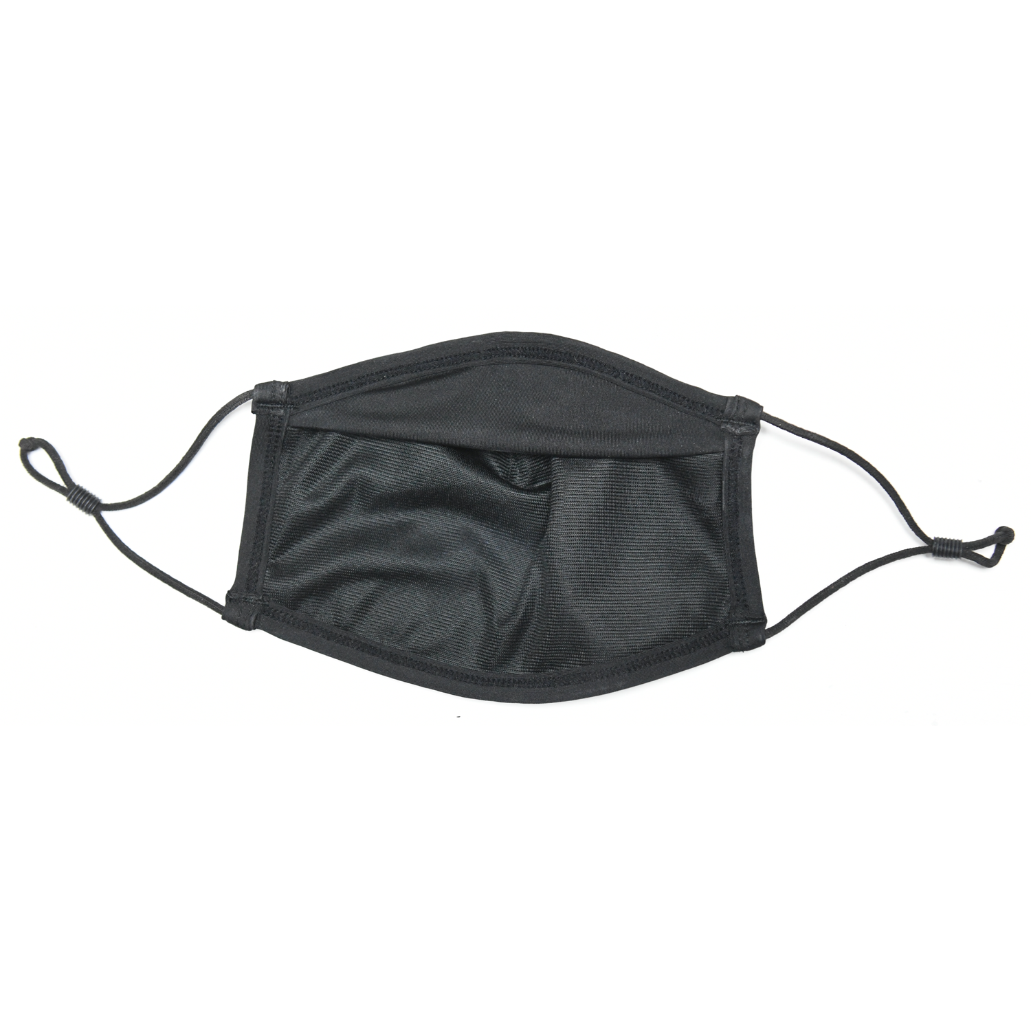 Black reusable cloth face mask laid flat on a white background, showing a textured inner lining and adjustable ear loops with small cord locks.