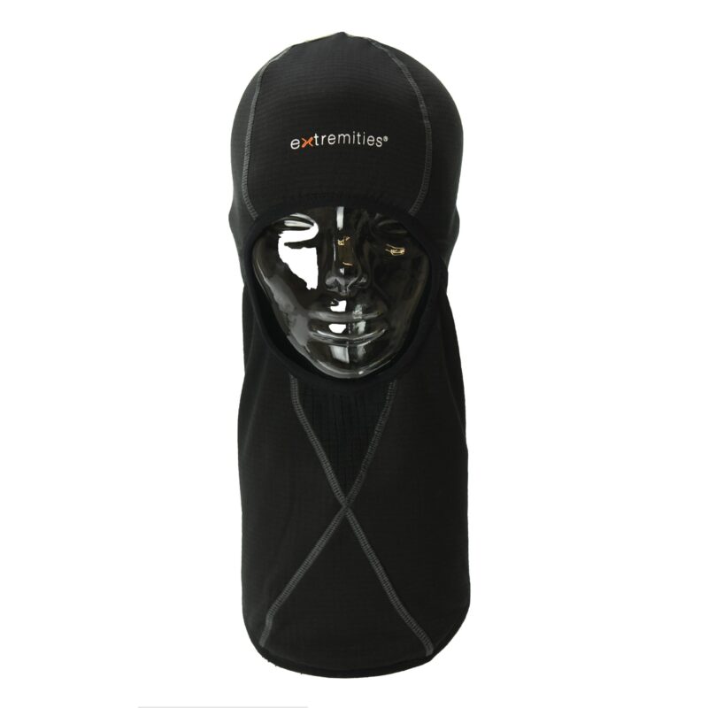 23FXB-FLUX-BALACLAVA-3000px-96dpi-scaled-2.jpg Black full-face balaclava with extended neck, grey contrast stitching and a small 'extremities' logo on the forehead, shown on a glossy black mannequin head