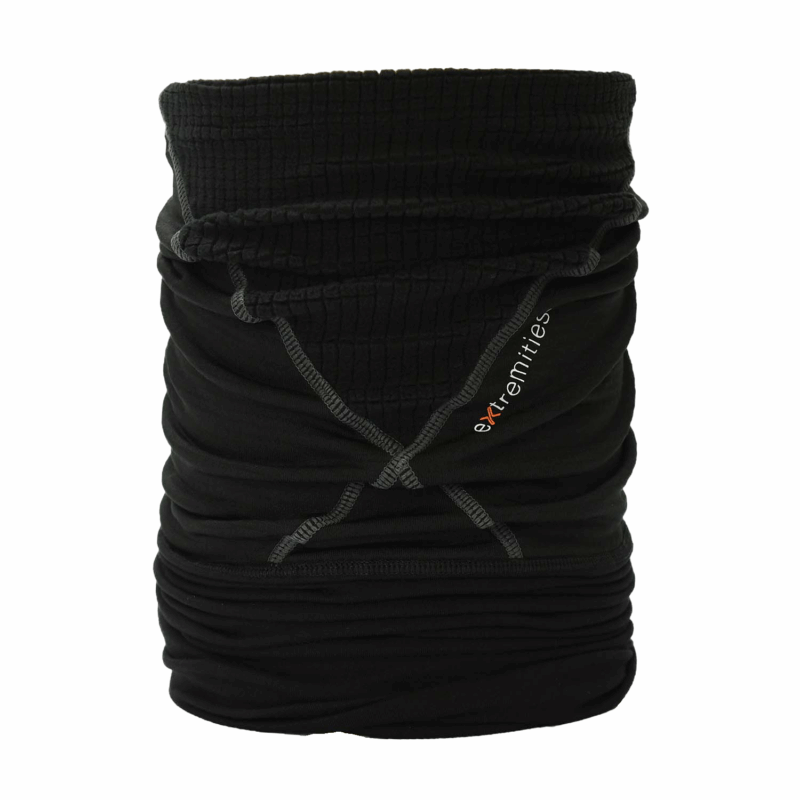 Black tubular neck gaiter with waffle-textured inner lining, reinforced grey X-shaped stitching and a small extremities logo on the front.