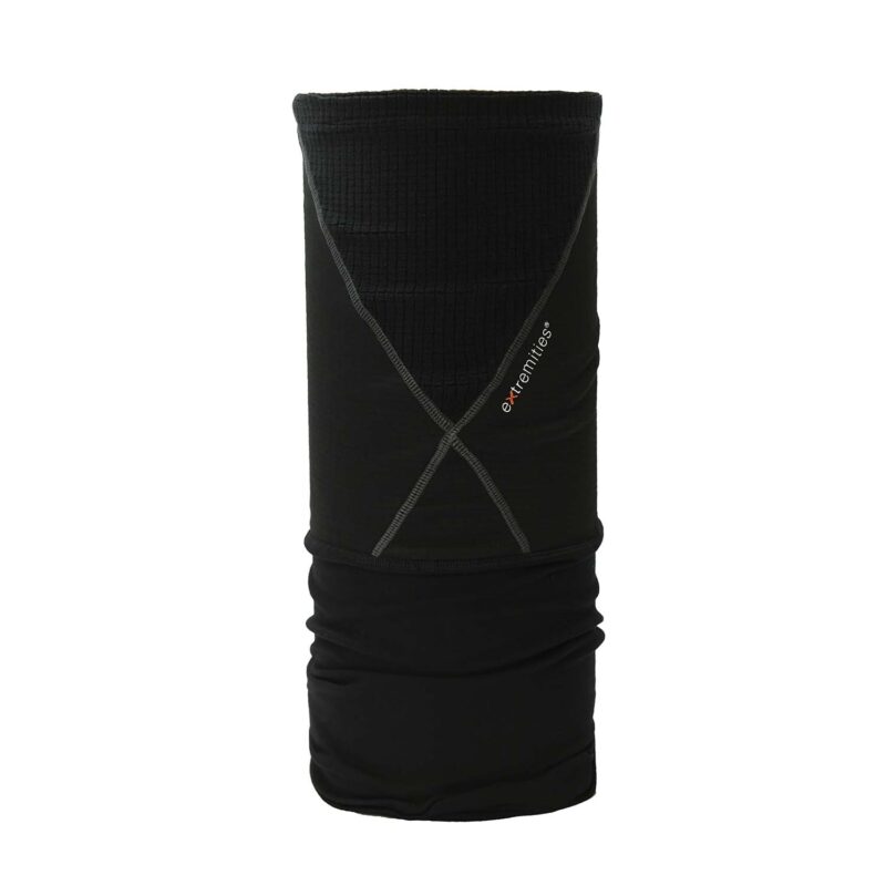 Black tubular neck gaiter with a textured upper panel, grey X-shaped flatlock stitching and a small extremities logo, displayed upright against a white background.