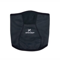 Black neoprene neck gaiter with a curved lower edge, reinforced stitched panels and a white extremities logo centred on the front.