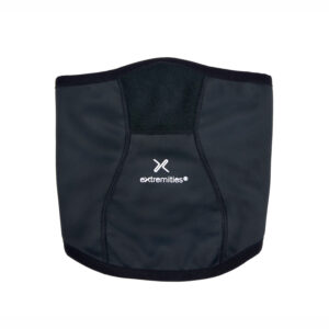 Black neoprene neck gaiter with a curved lower edge, reinforced stitched panels and a white extremities logo centred on the front.