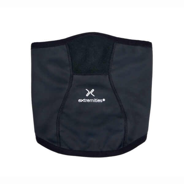 23GNG-guide-face-mask-1500-1.jpg Black neoprene neck gaiter with a curved lower edge, reinforced stitched panels and a white extremities logo centred on the front.