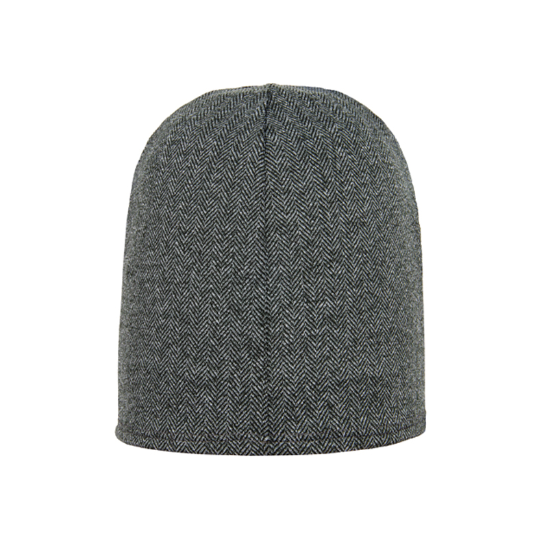 Grey herringbone-pattern beanie with a rounded top and central seam, shown against a white background.