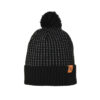 Black knit beanie with a pom-pom, small white dotted vertical pattern, ribbed folded cuff and a small orange logo patch on the side