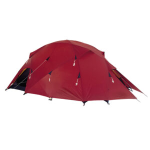 41ECO-Expedition-Cosmos-Red-2500x2500-1-3.jpg Large red multi-panel dome camping tent with full rainfly, visible toggles and guylines and a zipped entrance, shown against a white background.