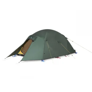 41EQU-Expedition-Quasar-2500x2500-1-e1636639940945-3.jpg Green dome-style camping tent with a partially open vestibule revealing a yellow inner tent, secured with guy lines and stakes against a white background.
