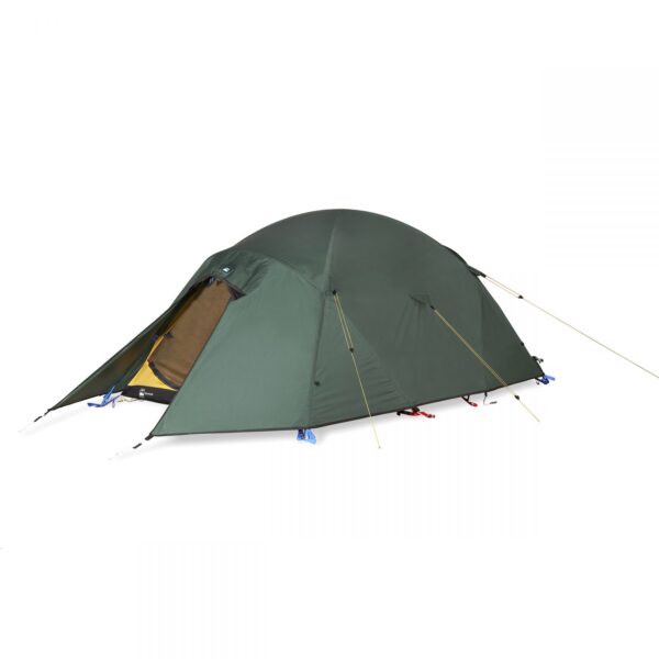 41EQU-Expedition-Quasar-2500x2500-1-e1636639940945-3.jpg Green dome-style camping tent with a partially open vestibule revealing a yellow inner tent, secured with guy lines and stakes against a white background.
