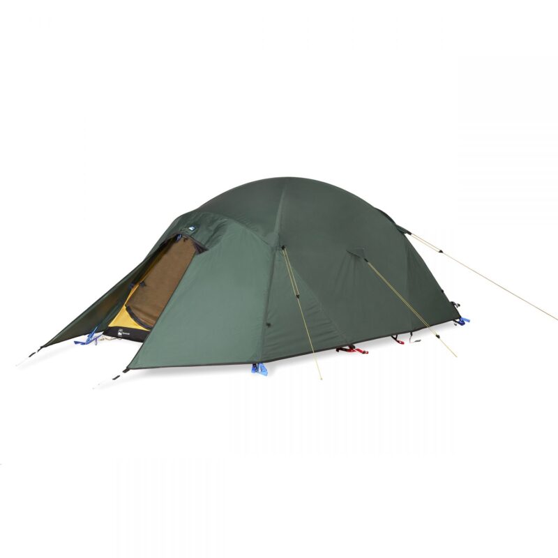 41EQU-Expedition-Quasar-2500x2500-1-e1636639940945-3.jpg Green dome-style camping tent with a partially open vestibule revealing a yellow inner tent, secured with guy lines and stakes against a white background.