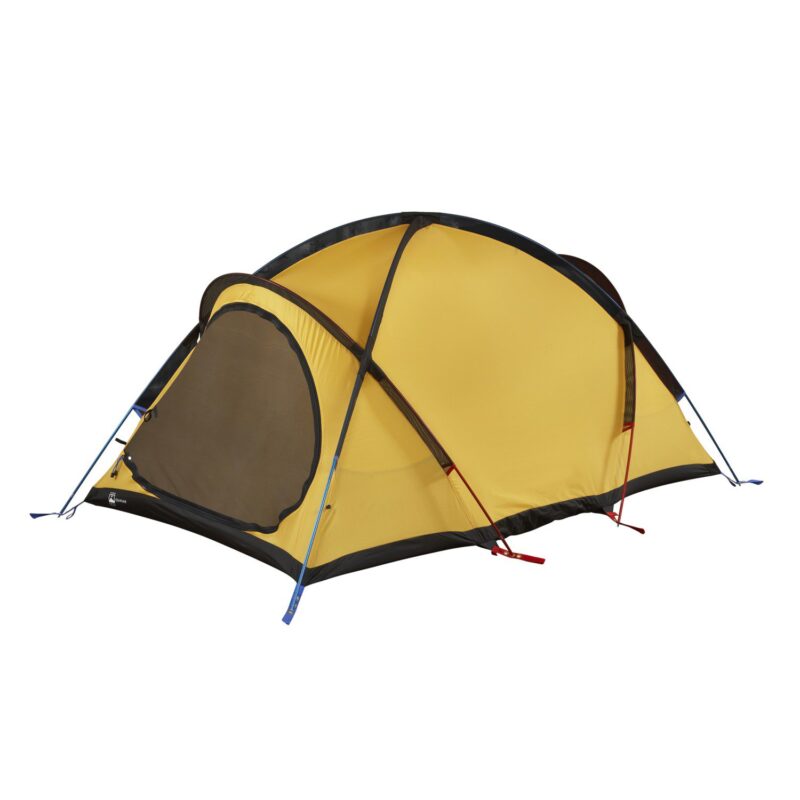 41EQU-Expedition-Quasar-Inner-1500x1500px-3.jpg Yellow dome camping tent with black base, curved external poles and a large mesh front door, secured by blue and red guy lines