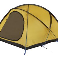 Yellow dome camping tent with a black base and blue support poles, showing a large zipped mesh door partially open and crossed external pole structure.