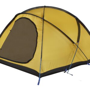 41TF-Terra-Firma-Inner-hi-res-scaled-4.jpg Yellow dome camping tent with a black base and blue support poles, showing a large zipped mesh door partially open and crossed external pole structure.