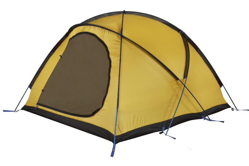 41TF-Terra-Firma-Inner-hi-res-scaled-4.jpg Yellow dome camping tent with a black base and blue support poles, showing a large zipped mesh door partially open and crossed external pole structure.