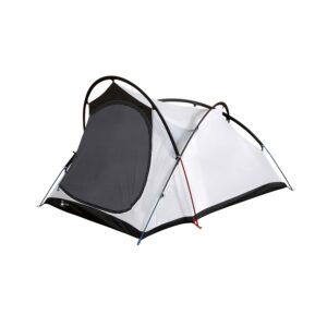 White and black two-person dome tent with crossed black and red poles, large dark mesh front door and blue pole-tip accents, photographed on a plain white background.