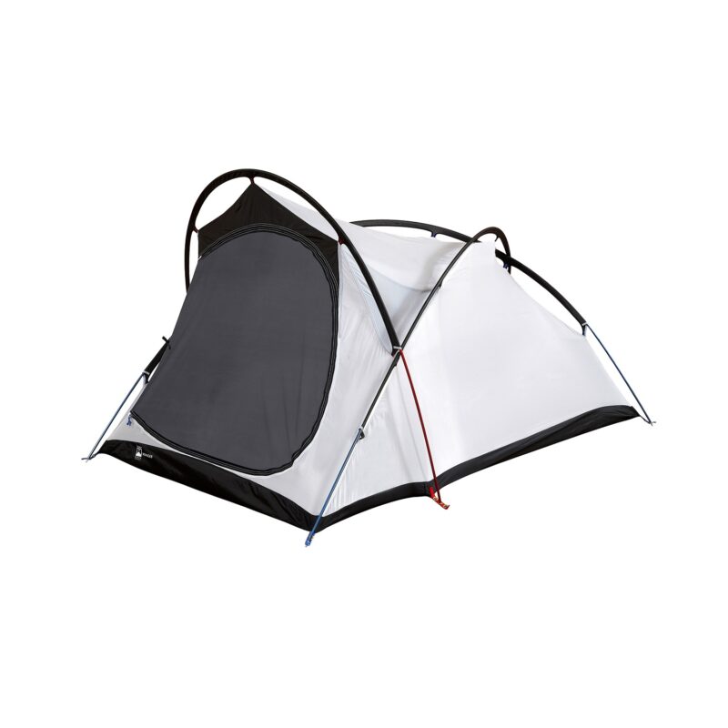41VY-Voyager-Inner-1500x1500px-3.jpg White and black two-person dome tent with crossed black and red poles, large dark mesh front door and blue pole-tip accents, photographed on a plain white background.