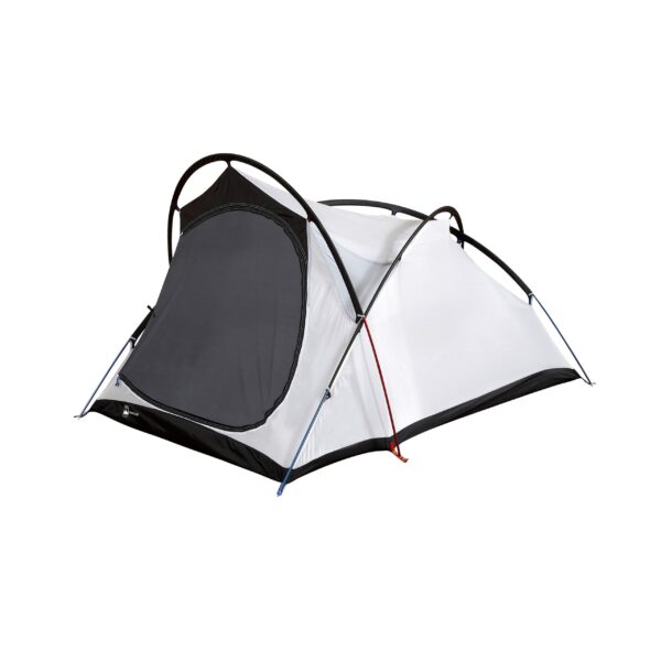 41VY-Voyager-Inner-3000x3000px-300dpi-scaled-2.jpg Two-person dome tent with white panels and a large black mesh front door supported by crossed black, red and blue poles.