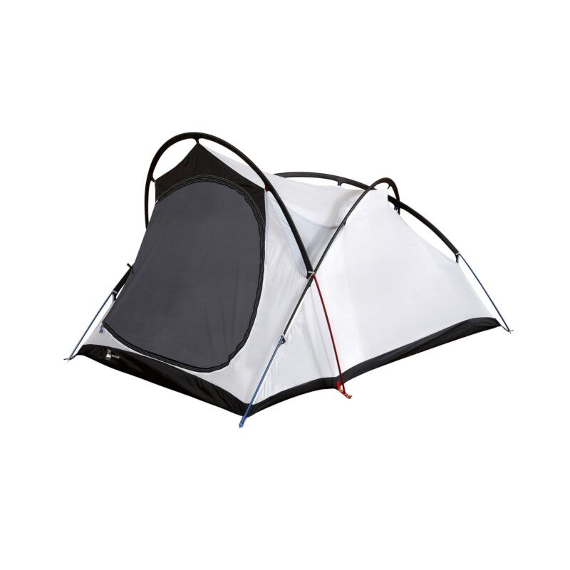 41VY-Voyager-Inner-3000x3000px-300dpi-scaled-2.jpg Two-person dome tent with white panels and a large black mesh front door supported by crossed black, red and blue poles.