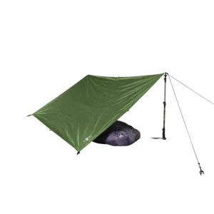 43ATZ1-Adventure-Tarp-1-Back-with-Sleeping-Bag-Cactus-Green-1500x1500-1-3.jpg Green tarp pitched as a lean-to over a purple sleeping bag, supported by an adjustable trekking pole and tied-off guy lines on a white background