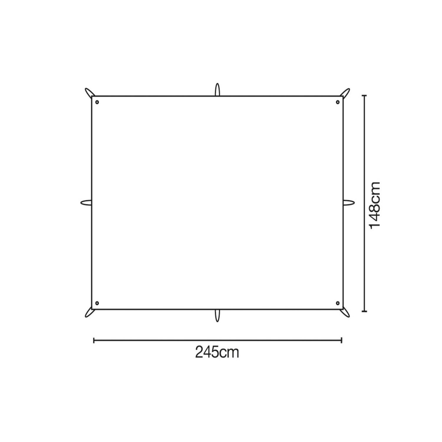 43ATZ1-Adventure-Tarp-1-Line-Drawing-1500x1500px-3.jpg Line drawing of a rectangular tarp with small tie loops at each corner and at the midpoint of each side, annotated 245 cm wide and 148 cm high.