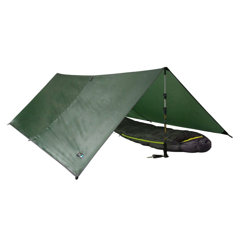 43CT2-Competition-Tarp-2-1500X1500-3.jpg Green A‑frame tarp shelter pitched with an adjustable trekking pole holding up one side and a black sleeping bag with yellow trim laid underneath on a white background.