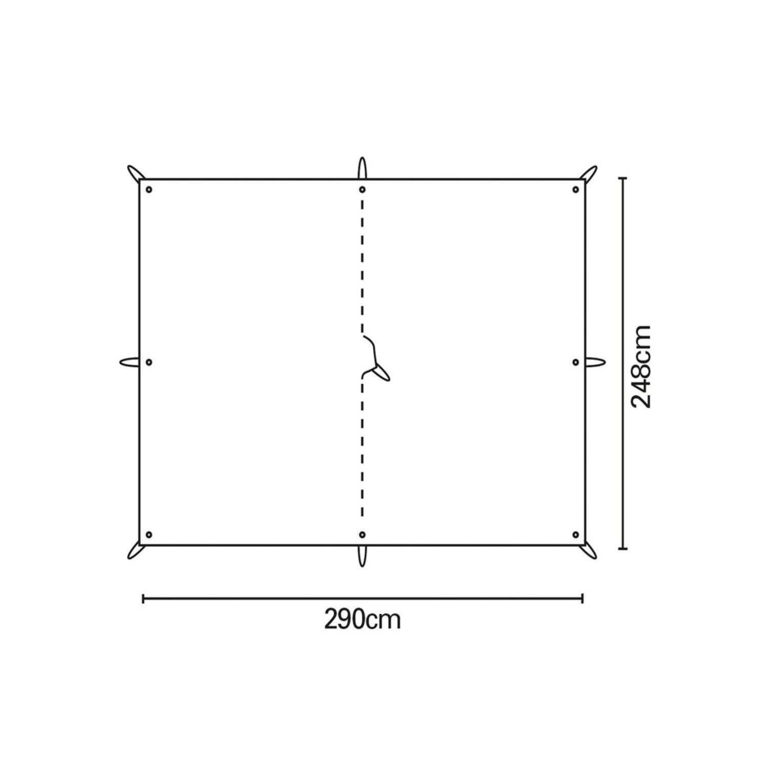 43CT2-Competition-Tarp-2-line-drawing-1500x1500px-3.jpg Line drawing of a rectangular tarp or canopy with attachment loops at each corner and midpoints, a central dashed vertical seam with a toggle, labelled 290 cm wide and 248 cm high