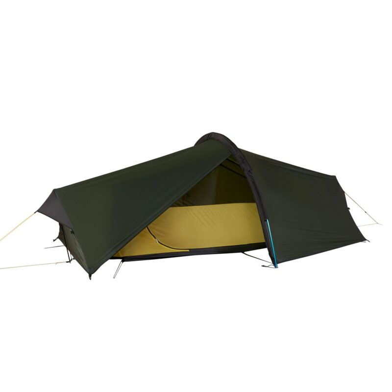 Low-profile dark green tunnel backpacking tent with a partially opened fly revealing a yellow inner sleeping compartment, arched single pole and tensioned guy lines visible against a white background