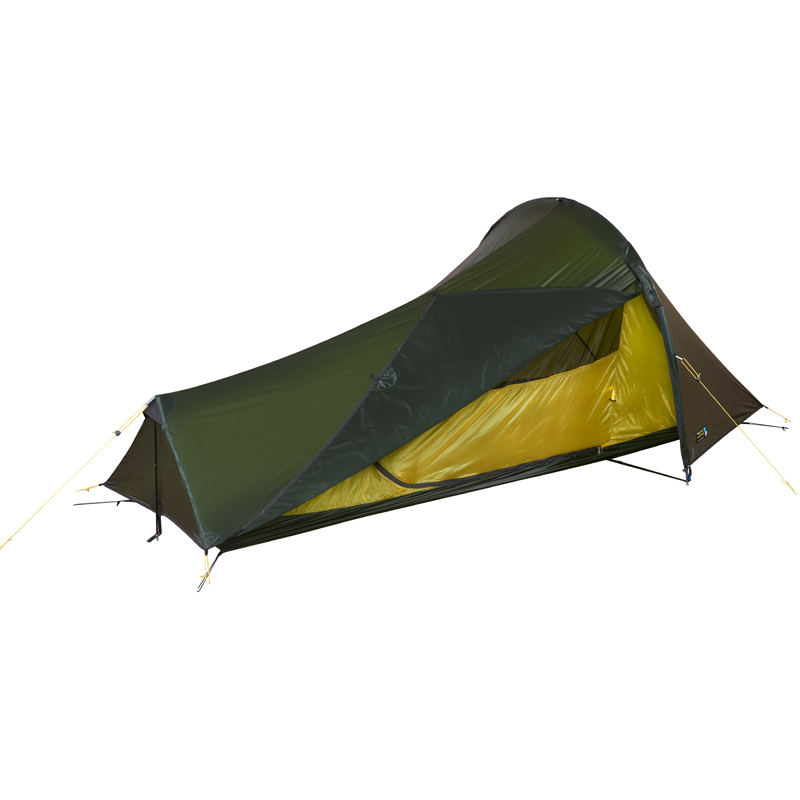 Low-profile single-person backpacking tent with a dark green rainfly and bright yellow inner, partially open side door, visible lightweight poles and yellow guy lines
