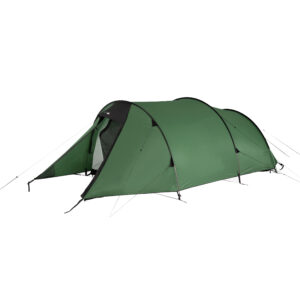 43PL3-Polar-Lite-3-green-2500-1.jpg Green tunnel-style tent with three curved pole hoops, black trim and an extended front vestibule with a partially open zip revealing inner mesh, shown staked out with guy lines on a white background.