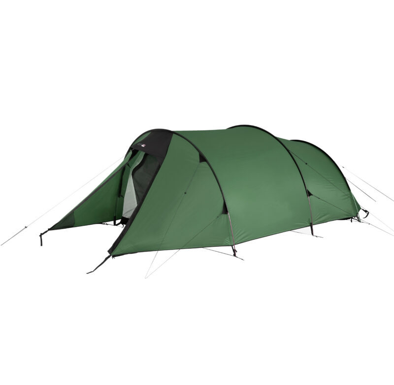 Green tunnel-style tent with three curved pole hoops, black trim and an extended front vestibule with a partially open zip revealing inner mesh, shown staked out with guy lines on a white background.