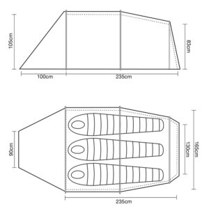 Side and top technical line drawings of a three-person tent showing a 100cm front porch, 235cm main sleeping area, 90cm porch depth, peak interior height 105cm tapering to 83cm at the front, interior width 165cm (130cm usable) and three sleeping bags drawn side-by-side.