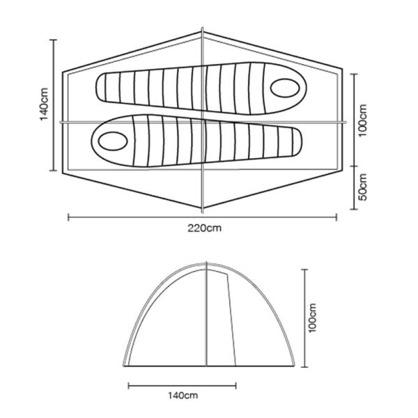 43PN2-Pioneer-2-Floorplan-1.jpg Top-down and side-view line drawings of a two-person dome tent with two mummy sleeping bags arranged inside and labelled measurements: floor plan 220 cm long by 140 cm wide, a 100 cm interior headroom with a 50 cm vestibule on one side, and a side profile showing a 140 cm floor width and 100 cm peak height.