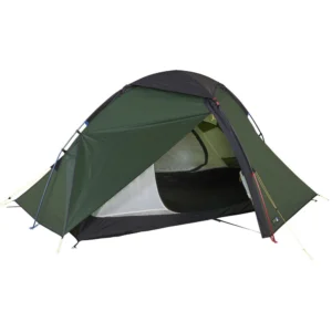 Green two-person dome camping tent with dark grey flysheet partially opened to show a mesh inner compartment and black bathtub-style floor, supported by coloured poles and yellow guy lines on a white background.
