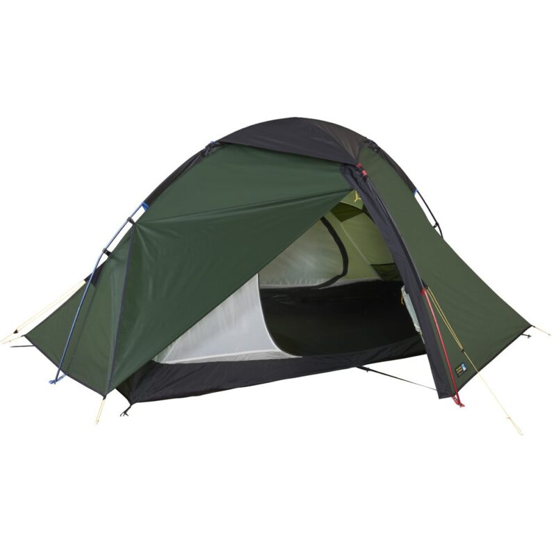 43PN2-Pioneer-2-Front-Doors-Open-3.jpg Green two-person dome camping tent with dark grey flysheet partially opened to show a mesh inner compartment and black bathtub-style floor, supported by coloured poles and yellow guy lines on a white background.