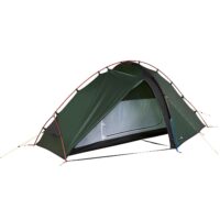 Dark green dome-style backpacking tent with red external poles and yellow guy lines, one front door unzipped to reveal a light-grey mesh inner tent and black bathtub floor on a plain white background