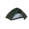 43SCR2-Southern-Cross-2-1500x1500-1-3.jpg Green two-person dome tent with curved red‑orange poles and yellow guy lines, front flap partly open to reveal a white mesh inner tent and black groundsheet, isolated on a white background.