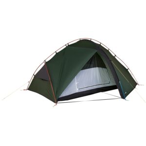 43SCR2-Southern-Cross-2-1500x1500-1-3.jpg Green two-person dome tent with curved red‑orange poles and yellow guy lines, front flap partly open to reveal a white mesh inner tent and black groundsheet, isolated on a white background.