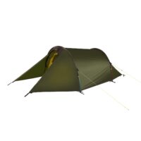 Olive-green tunnel tent with an extended vestibule revealing a yellow inner tent, two curved support poles and bright guy lines staked out against a white background.